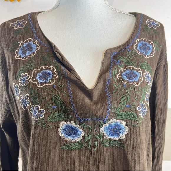 2/$25 Giselle Apparel Vintage 90s Brown Floral Embroidered Boho Hippie Blouse - Picture 10 of 13